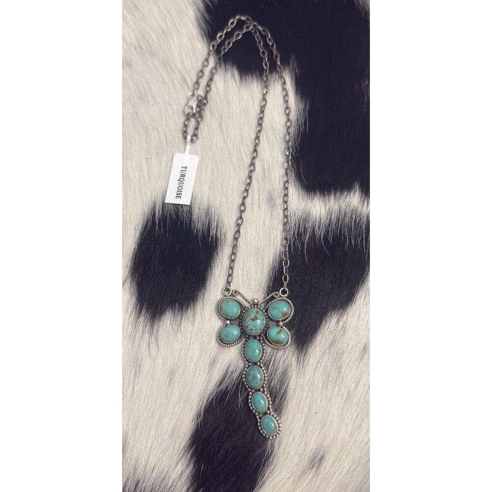 Native American Sterling Silver Blue Turquoise Multistone Dragonfly Necklace - Picture 3 of 13